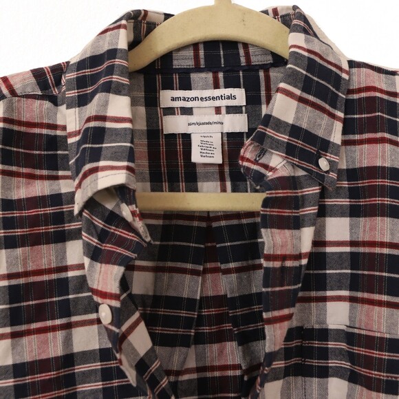 Essentials Mens Slim Fit Oxford Shirt S Long Sleeve Navy White Plaid NEW B8 - Picture 3 of 5